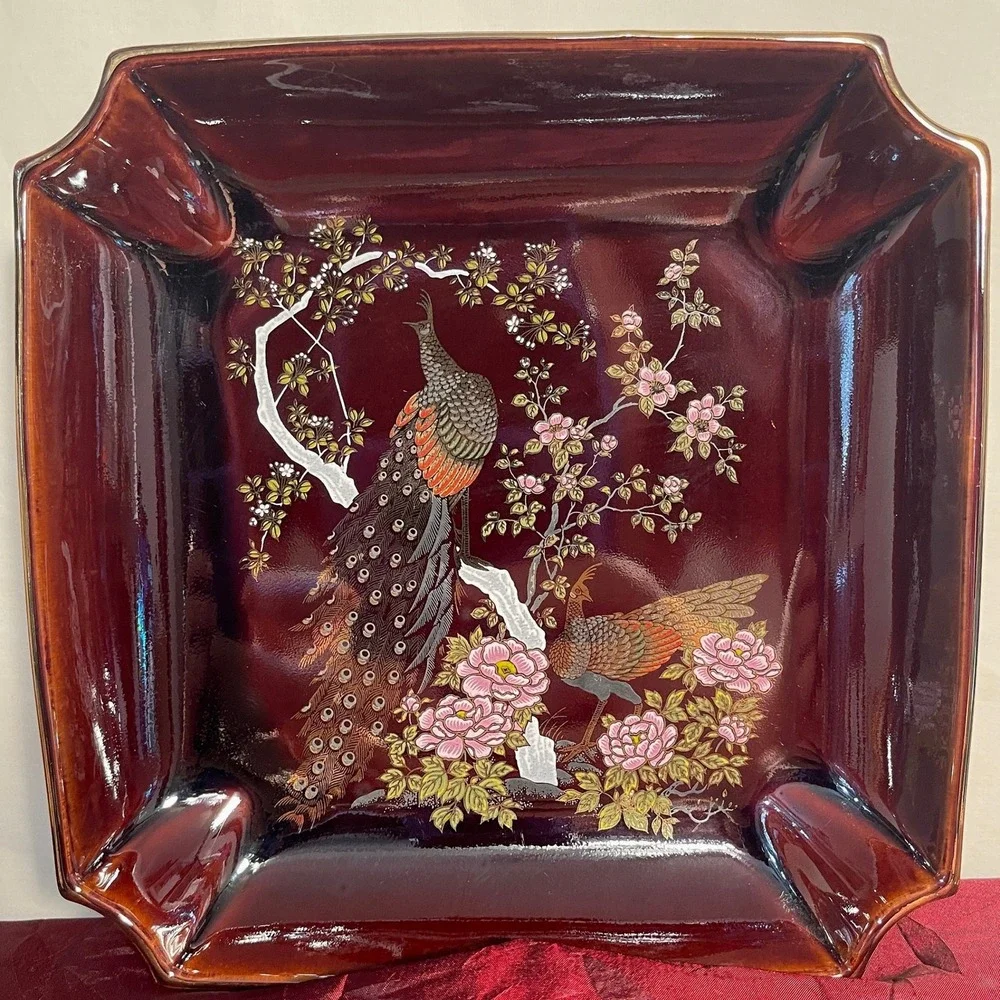 Vintage Yamaji Peacock and Peonies Square Plate Hand Painted 1960s Japan Brown
